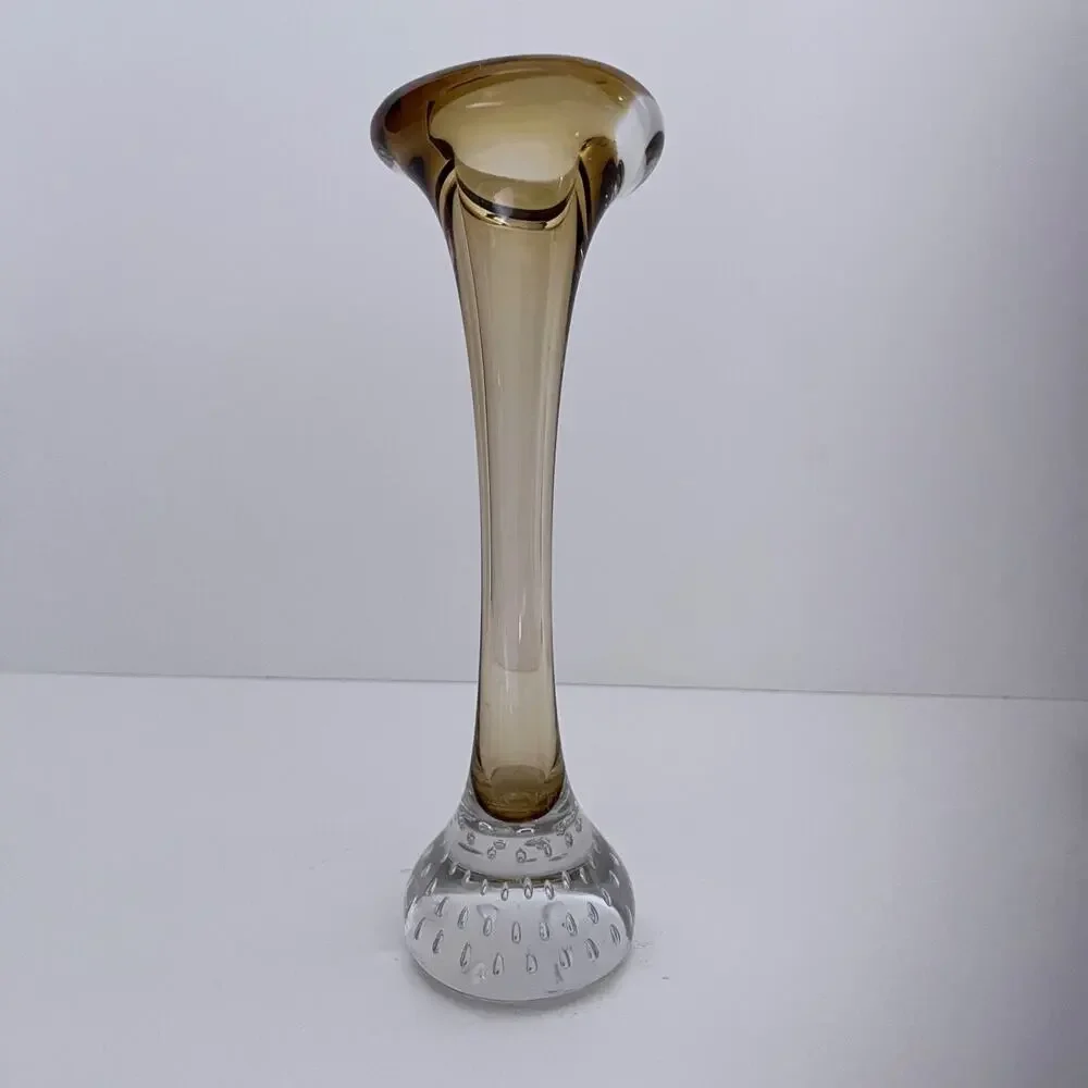 Aseda Glasbruk Sweden Amber Art Glass Vase with Controlled Bubbles Base Vintage